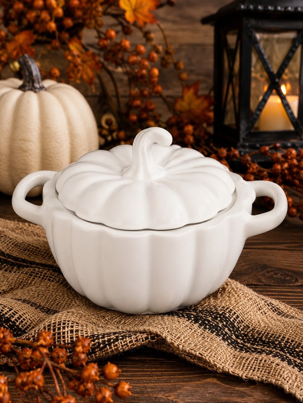 Matte White Ceramic Glaze Stoneware Autumn Pumpkin Soup Tureen/ Casserole Dish